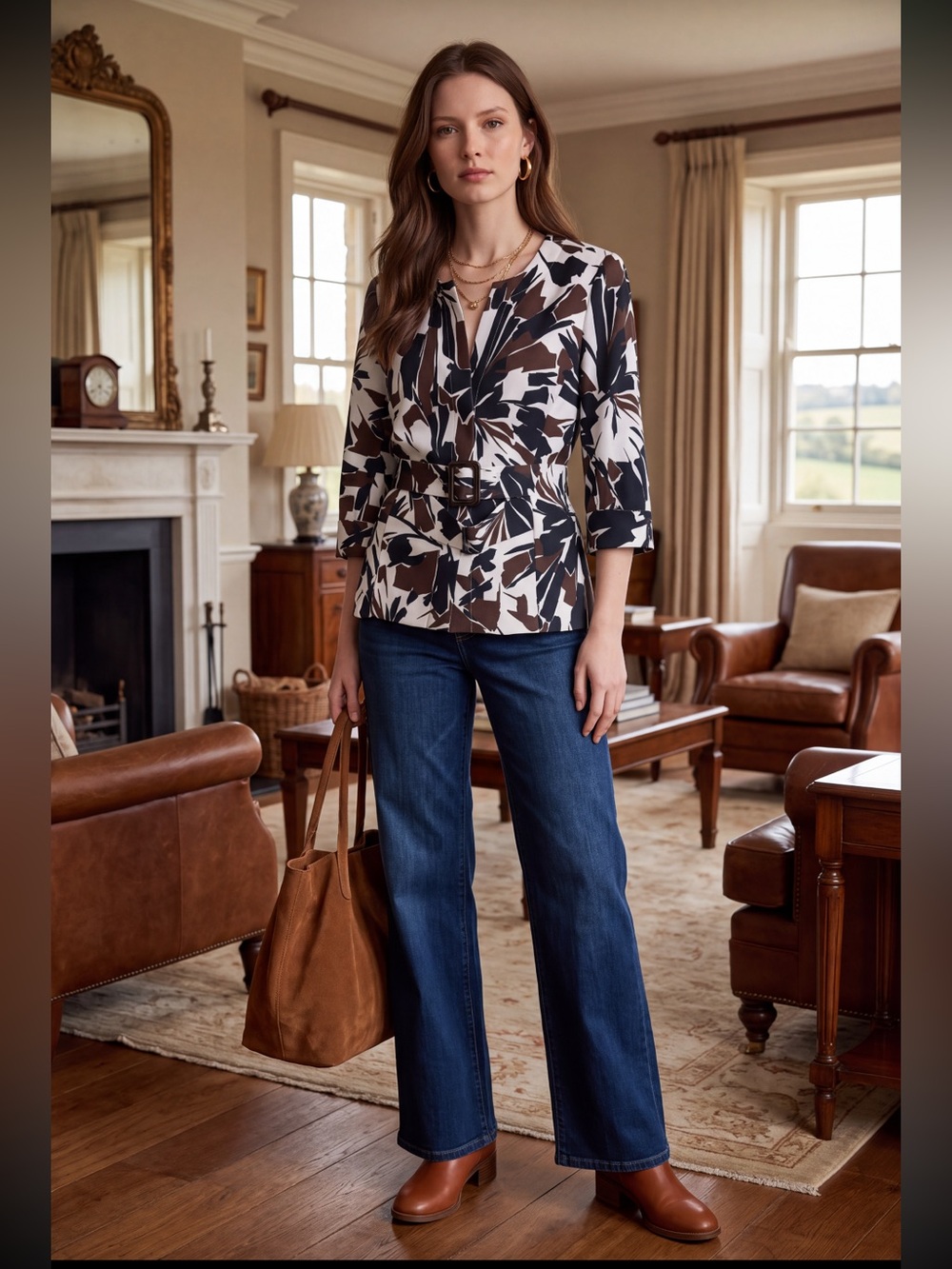 Harve Benard Brown, Black & Cream Leaf-Print Open Blazer